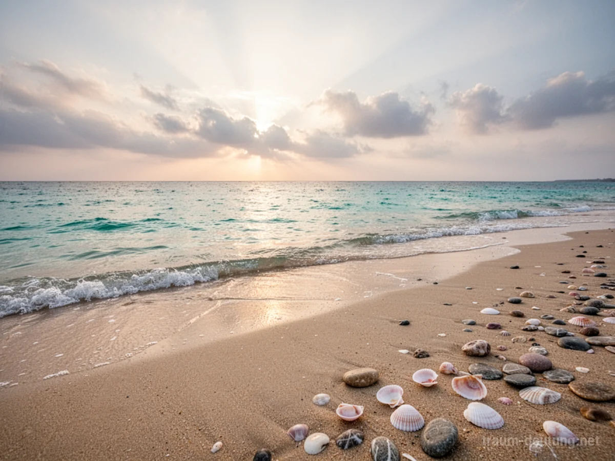 Traumdeutung Strand: Ein friedlicher, weitläufiger Strand bei Sonnenaufgang mit goldenem Sand und ruhigem, türkisfarbenem Meer.