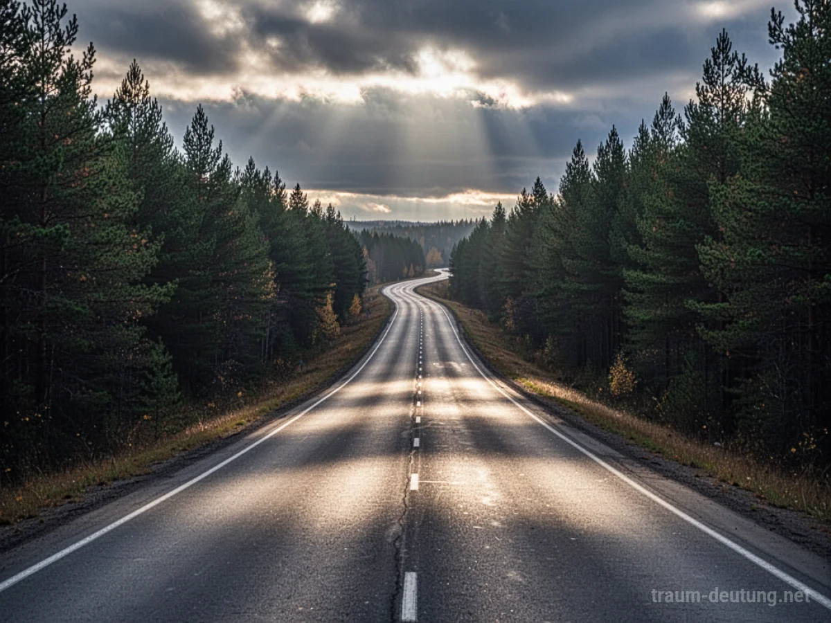 Traumsymbol Straße: Eine einsame Asphaltstraße schlängelt sich durch einen dunklen Kiefernwald unter einem dramatischen Wolkenhimmel mit Sonnenstrahlen.