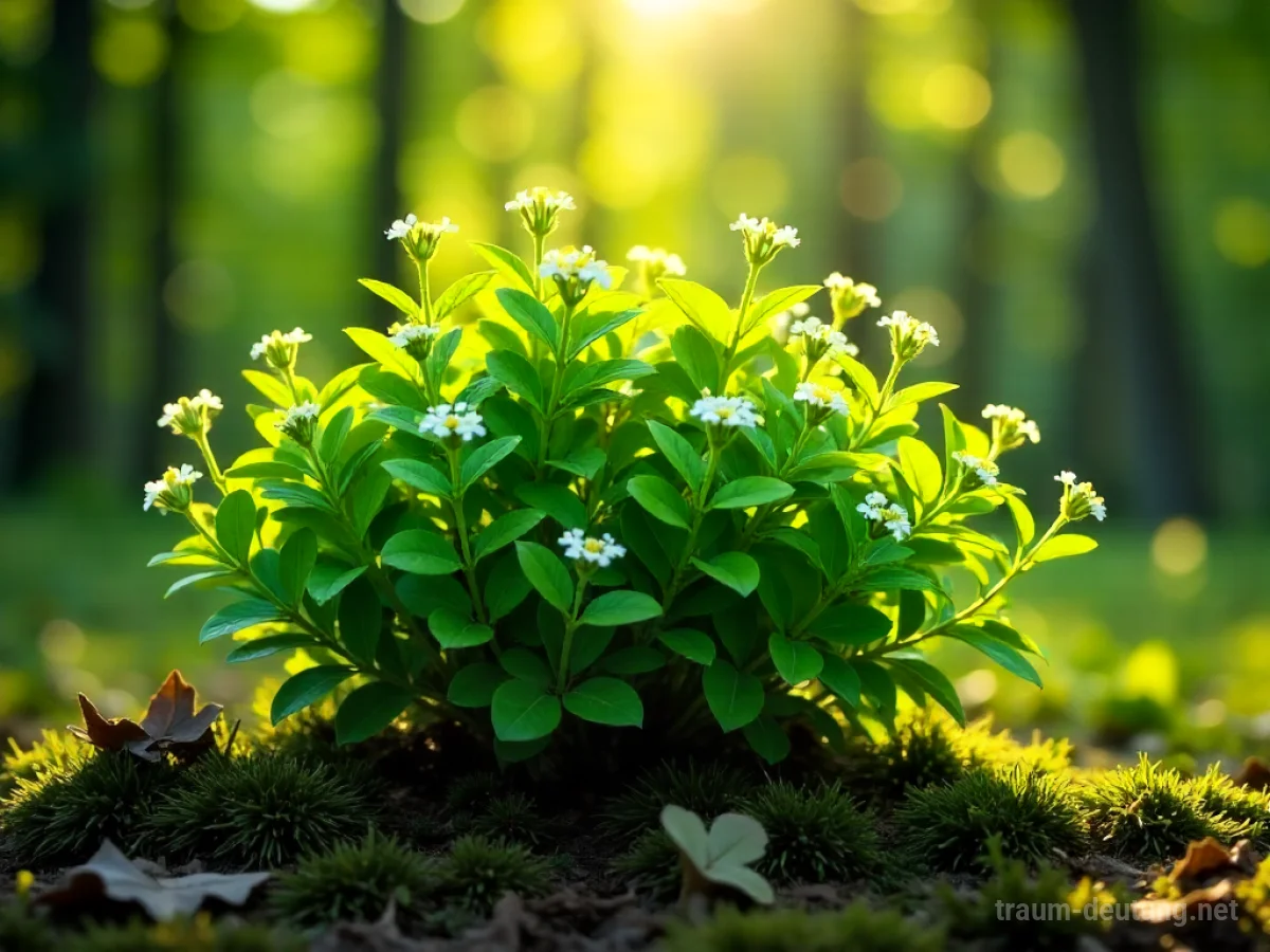 Traumsymbol Strauch: Ein dichter, grüner Strauch mit kleinen weißen Blüten steht in einer sonnenbeschienenen Waldlichtung, umgeben von Moos und Laub.