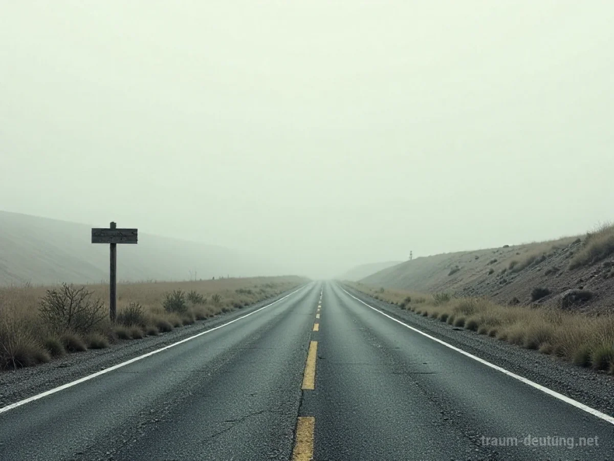 Traumsymbol Strecke: Eine lange, gewundene und desolate Straße erstreckt sich unter einem grauen, nebligen Himmel, mit einem verwitterten Wegweiser am Rand.