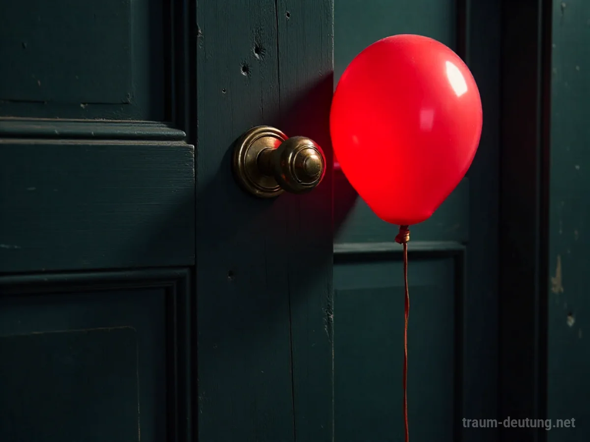 Traumsymbol Streich: Ein einzelner, roter Ballon ist an einem altmodischen Messing-Türknauf an einer dunklen Holztür befestigt, beleuchtet von sanftem, diffusen Licht.