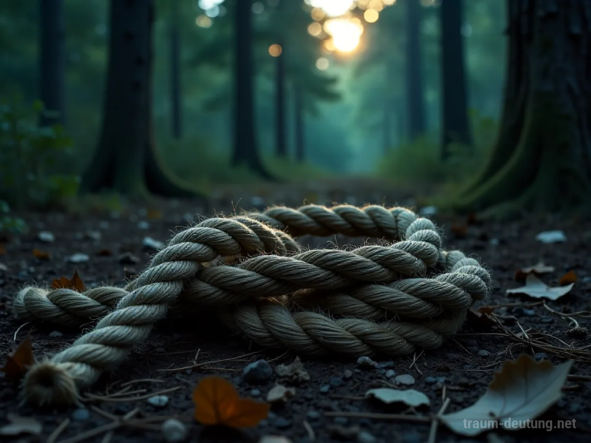 Traumsymbol Strick: Ein dicker, verwitterter Hanfstrick liegt auf einem dunklen Waldboden, beleuchtet von spärlichem Mondlicht.