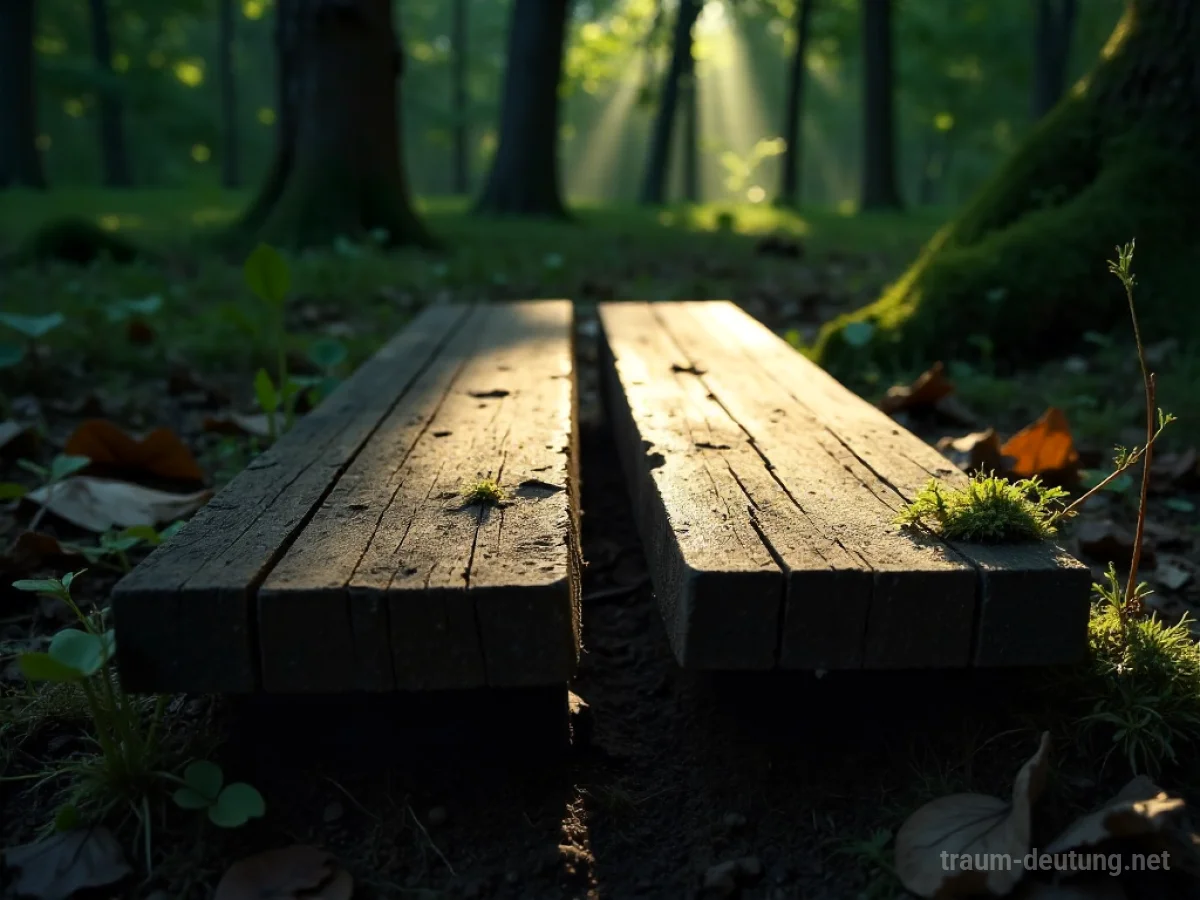 Traumsymbol Stück: Eine auf dem Waldboden liegende, in zwei Teile zerbrochene Holzplanke, beleuchtet von Sonnenstrahlen, die durch das Blätterdach fallen.