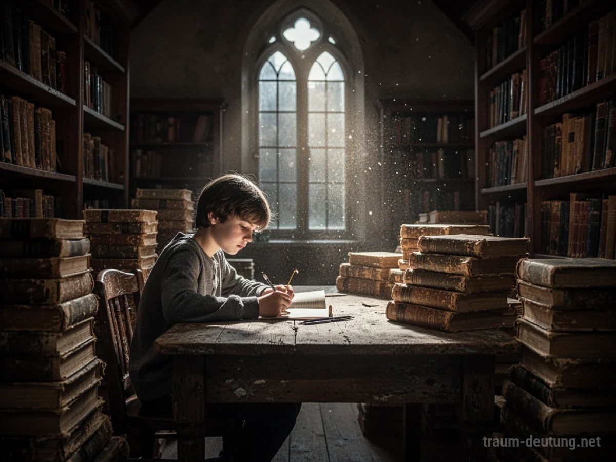 Traumsymbol Student: Eine junge, lernende Person sitzt an einem abgenutzten Holztisch in einer spärlich beleuchteten Bibliothek, umgeben von alten Büchern, im Schein von Mondlicht.