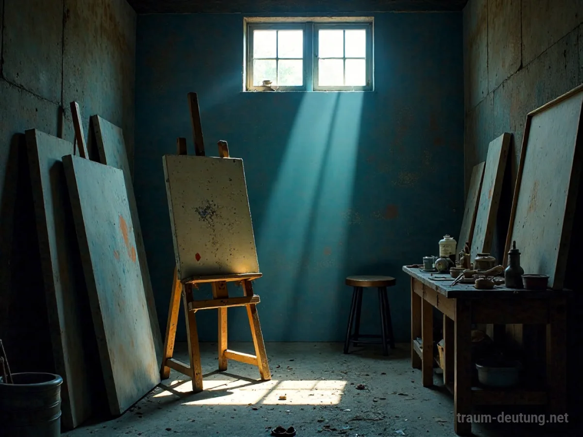 Traumdeutung Studio: Ein atmosphärisches, spärlich beleuchtetes Kunststudio mit unfertigen Leinwänden, einem Holz-Staffelei und verstreuten Malutensilien im Schein eines einzelnen Lichtstrahls.