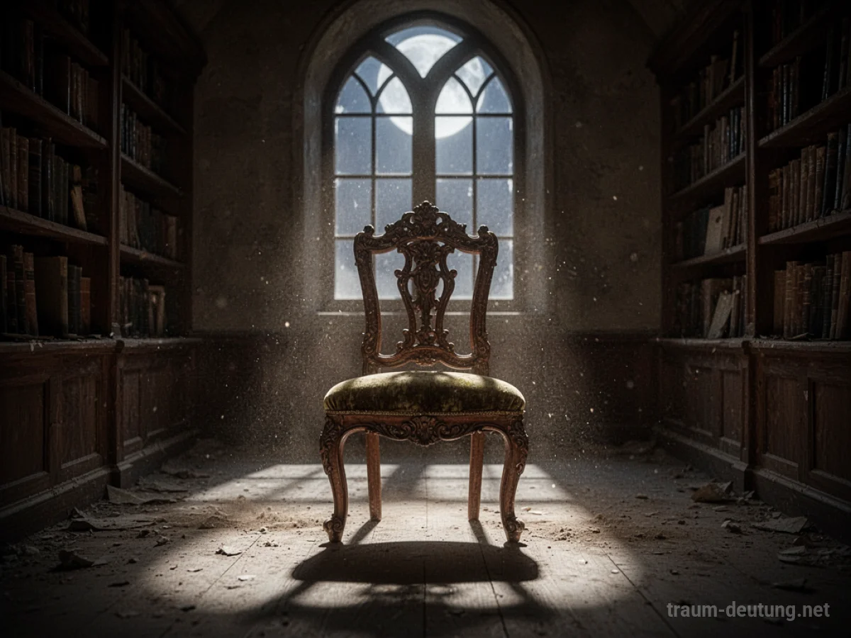 Traumsymbol Stuhl: Ein alter, verzierter Holzstuhl steht allein in einer staubigen Bibliothek, beleuchtet von Mondlicht durch ein Fenster.