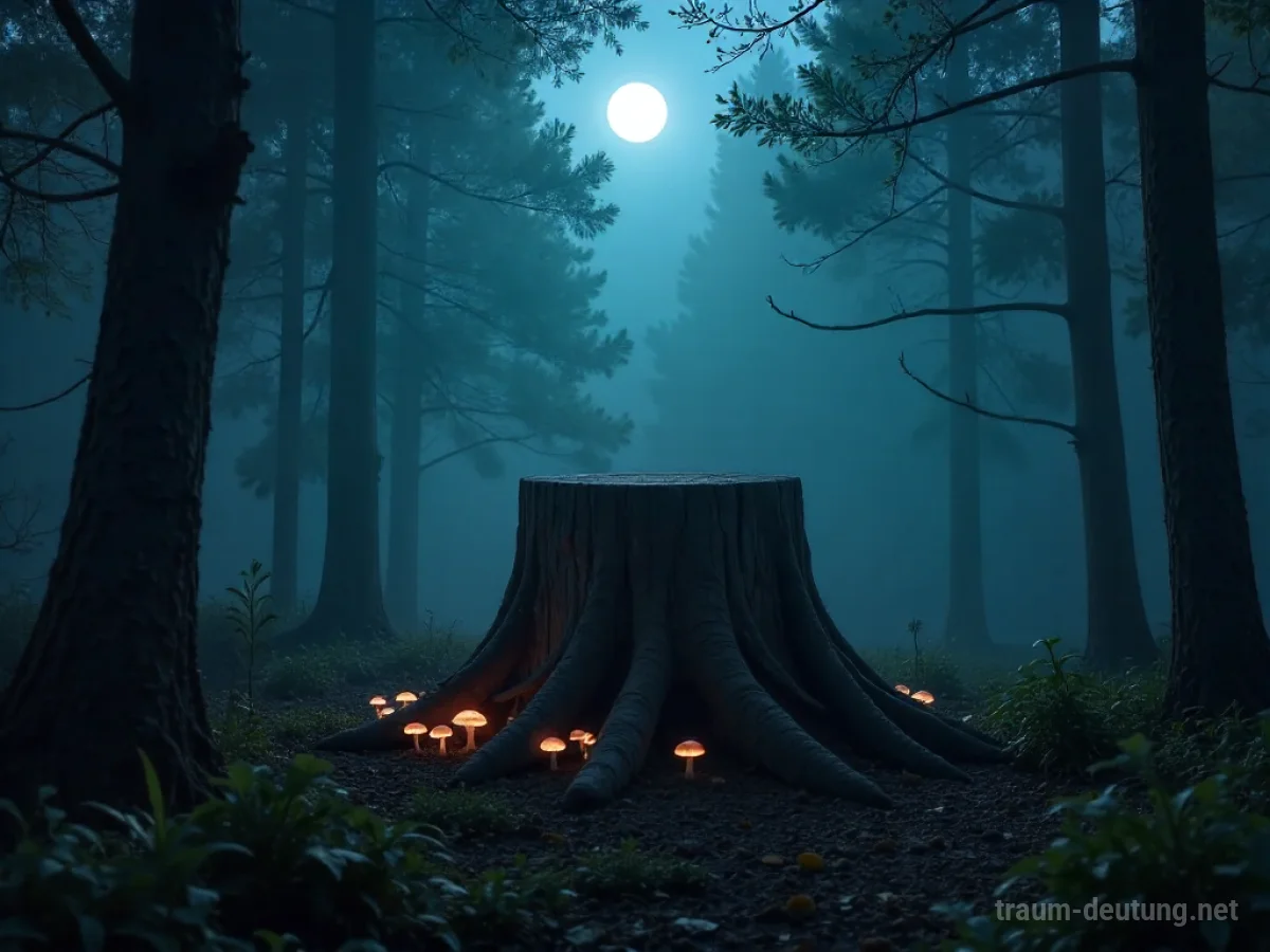 Traumsymbol Stümmel: Ein verwitterter, unvollständiger Baumstumpf steht in einer nebligen Waldlichtung, beleuchtet von spärlichem Mondlicht und glühenden Pilzen.