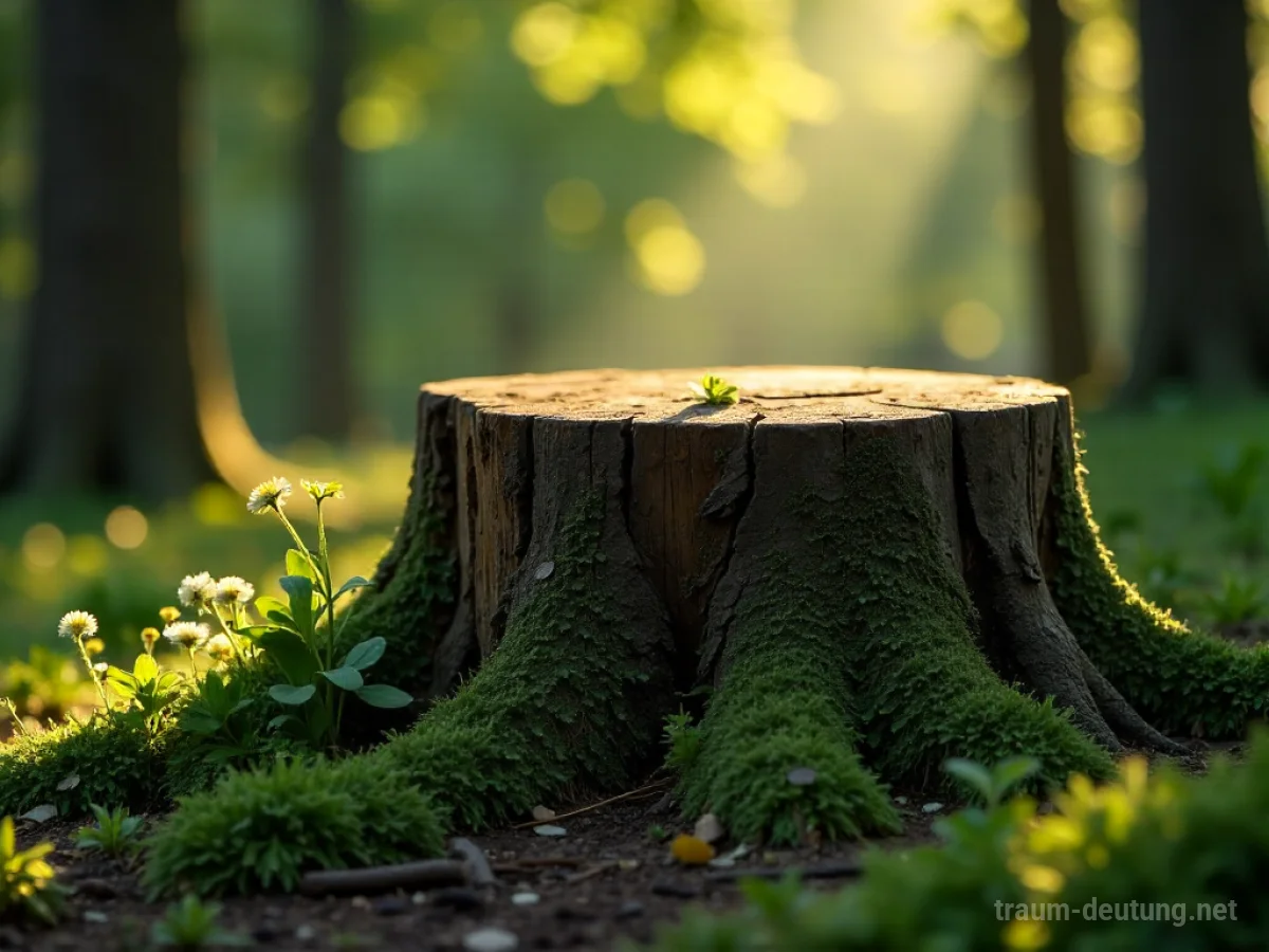 Traumsymbol Stumpf: Ein bemooster Baumstumpf in einem sonnenbeschienenen Waldlichtung mit verwelkten Blättern und zarten Wildblumen.