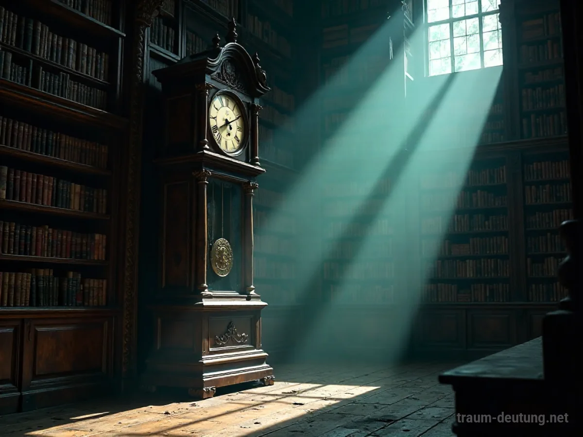Traumsymbol Stunde: Eine große, verzierte Standuhr steht in einer spärlich beleuchteten, alten Bibliothek, beleuchtet von einem Mondstrahl.