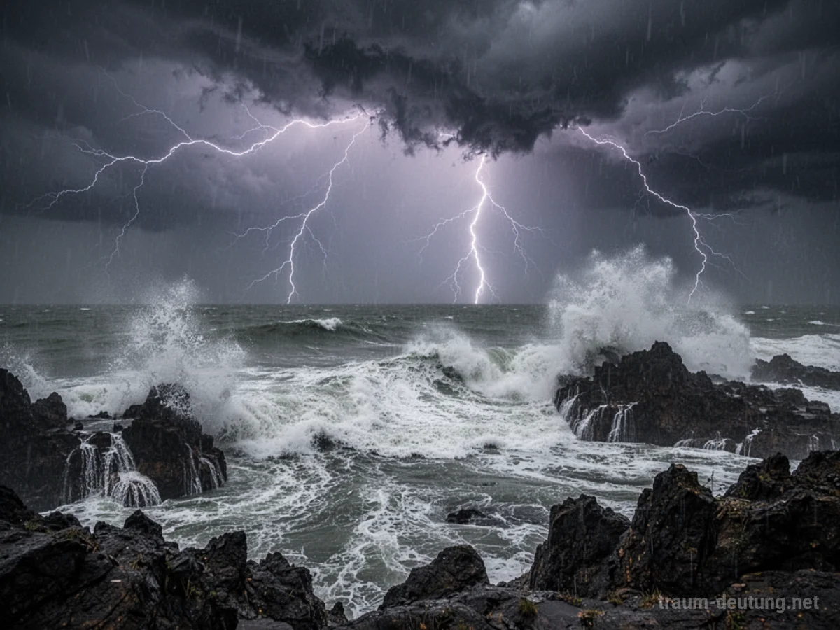 Traumsymbol Sturm: Ein heftiger, dunkler Sturm tobt über einer einsamen, windgepeitschten Küste mit aufgewühltem Meer und zuckenden Blitzen.
