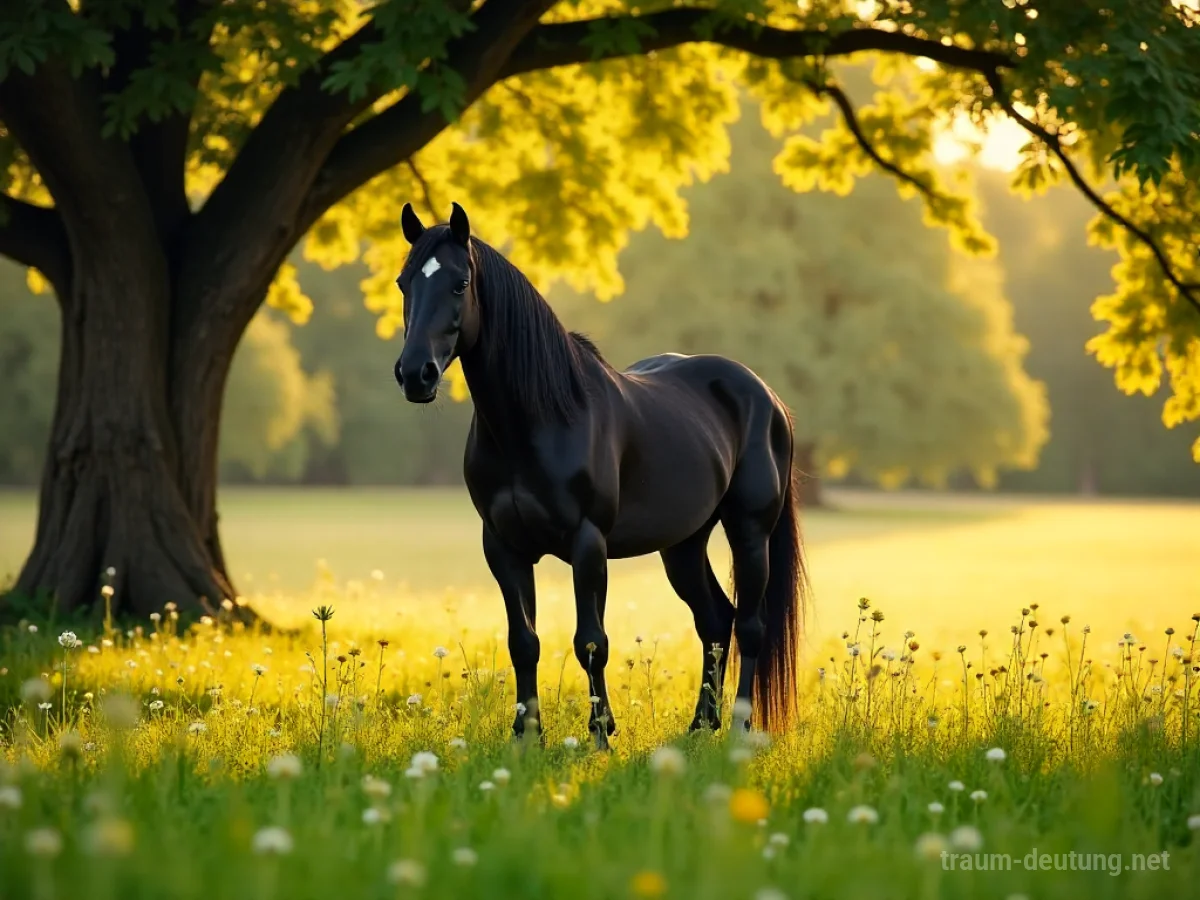Traumsymbol Stute: Eine majestätische, schwarze Stute steht auf einer sonnenbeschienenen Wiese mit blühenden Wildblumen im Fell, umgeben von sanftem Licht.