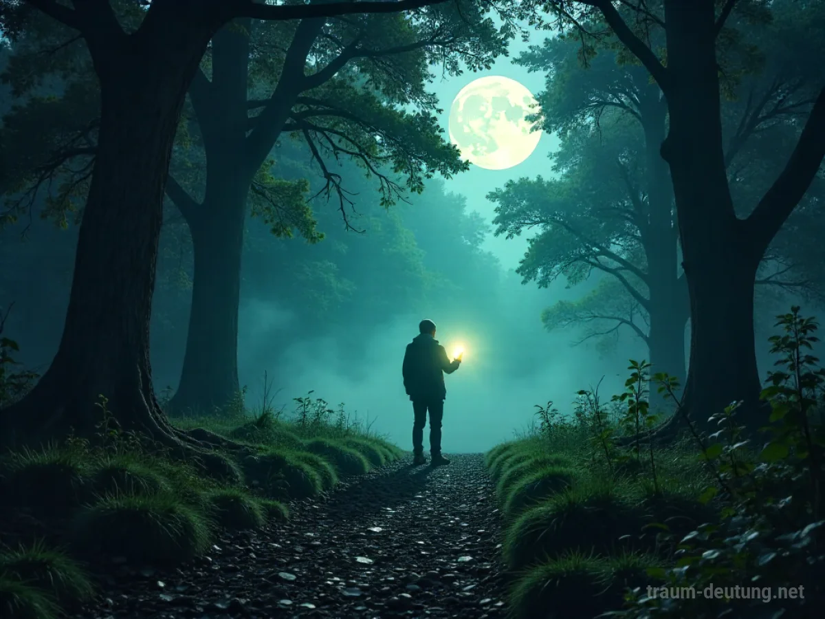 Traumsymbol Suche: Eine einsame Gestalt steht im Schein des Mondlichts an einer Weggabelung in einem dichten Wald, eine leuchtende Karte in der Hand.