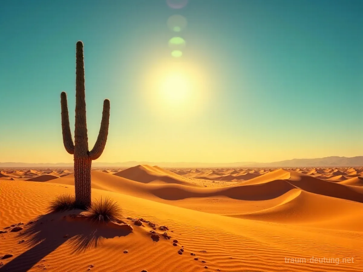Traumsymbol Süden: Eine weite, sonnengetränkte Wüstenlandschaft unter einem klaren, azurblauen Himmel mit hohen Sanddünen und einer einzelnen Kaktusfigur im Vordergrund.
