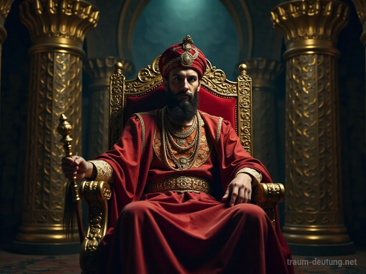 Traumsymbol Sultan: Ein weiser Sultan sitzt auf seinem prunkvollen Thron in einem mondbeschienenen Palast, gekleidet in Seide und Juwelen.