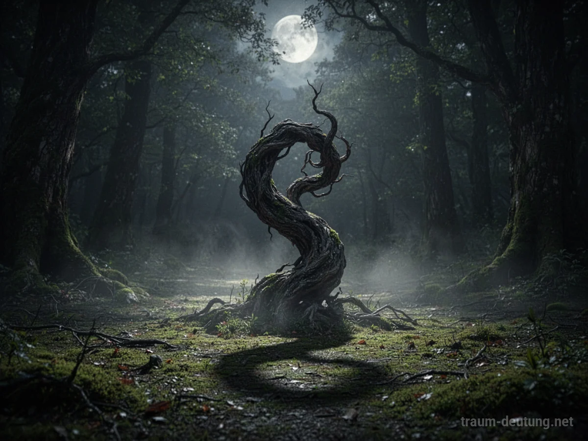Traumsymbol Sünde: Eine verdrehte, dunkle Wurzel schlängelt sich in einer nebelverhangenen, mondbeschienenen Waldlichtung, die eine Atmosphäre der Schuld und Introspektion ausstrahlt.