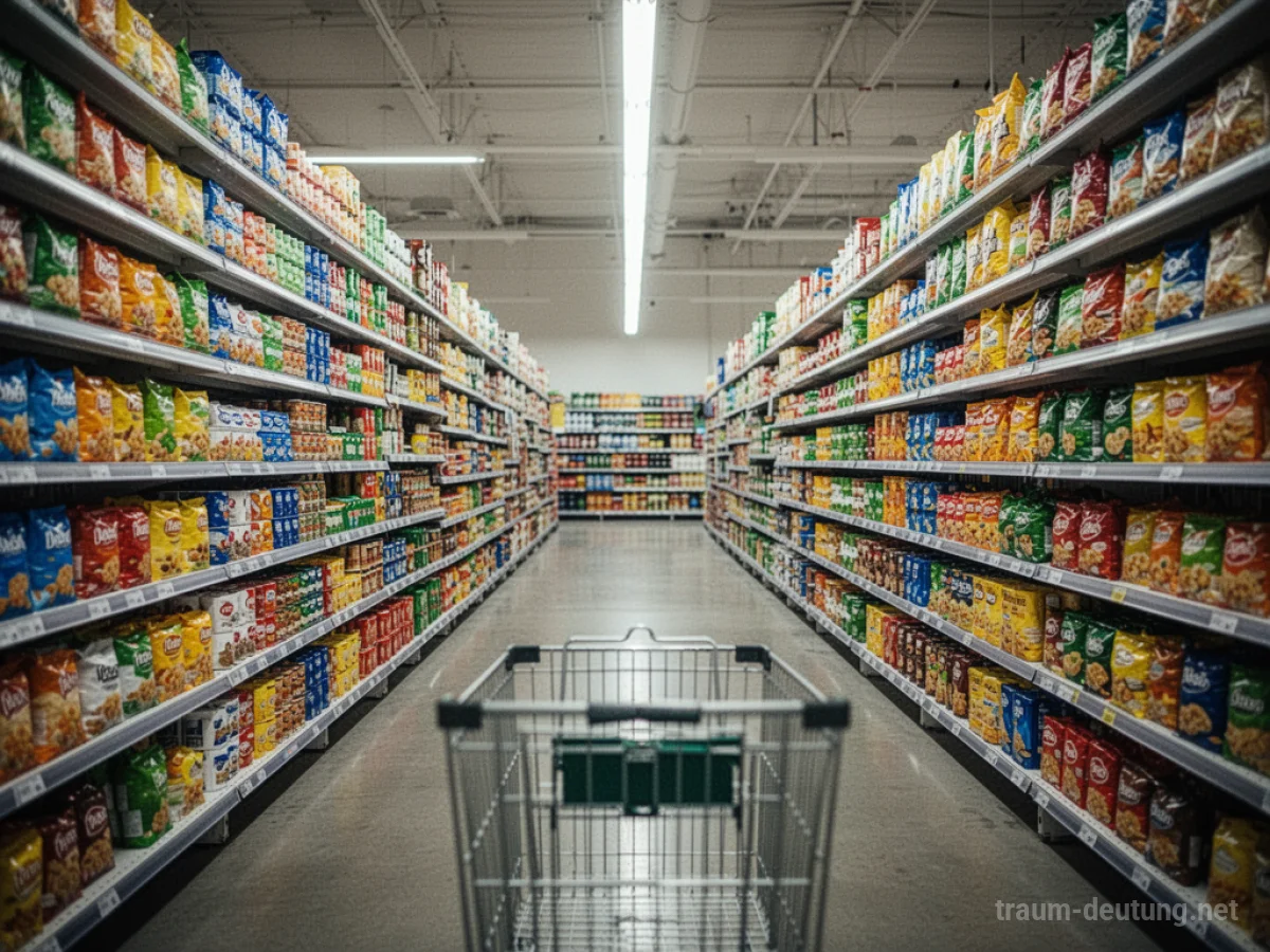 Traumsymbol Supermarkt: Ein leerer Einkaufswagen steht in einem endlosen Gang eines hell erleuchteten Supermarkts, dessen Regale dicht mit bunten Produkten gefüllt sind.