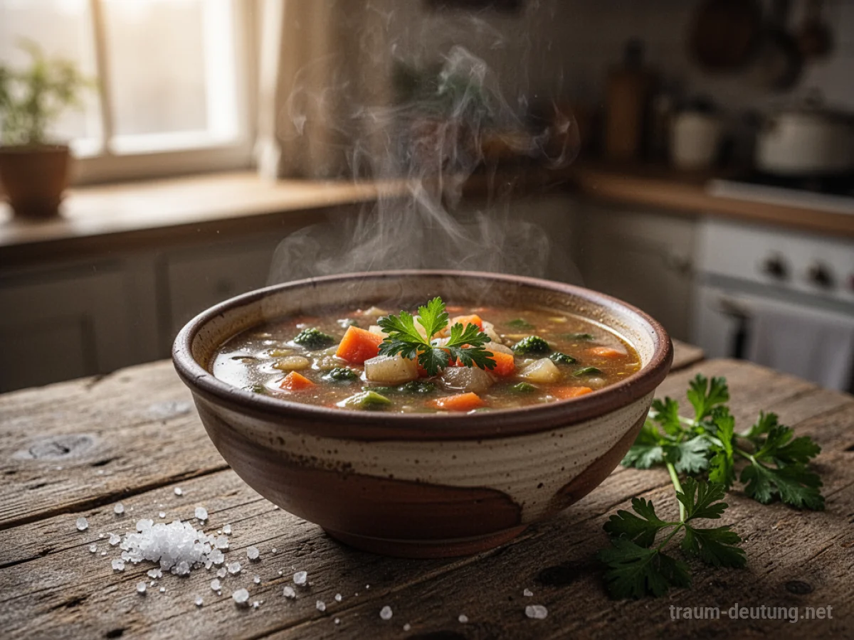 Traumdeutung Suppe: Eine dampfende, reichhaltige Gemüsesuppe in einer rustikalen Steingutschüssel auf einem Holztisch, beleuchtet von warmem Fensterlicht.