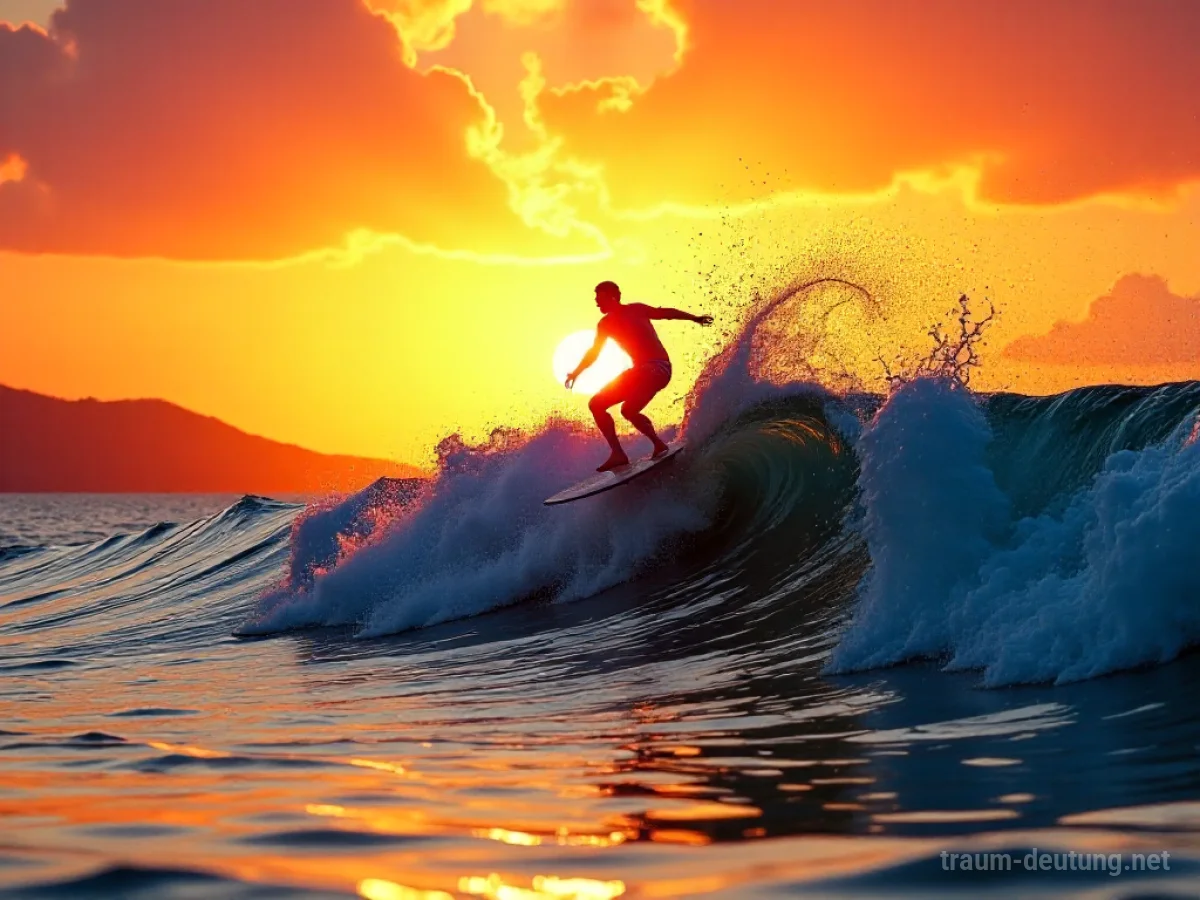 Traumdeutung Surfen: Eine Person reitet gekonnt eine Welle auf einem Surfbrett unter einem dramatischen Sonnenuntergang, die Gischt leuchtet im goldenen Licht.