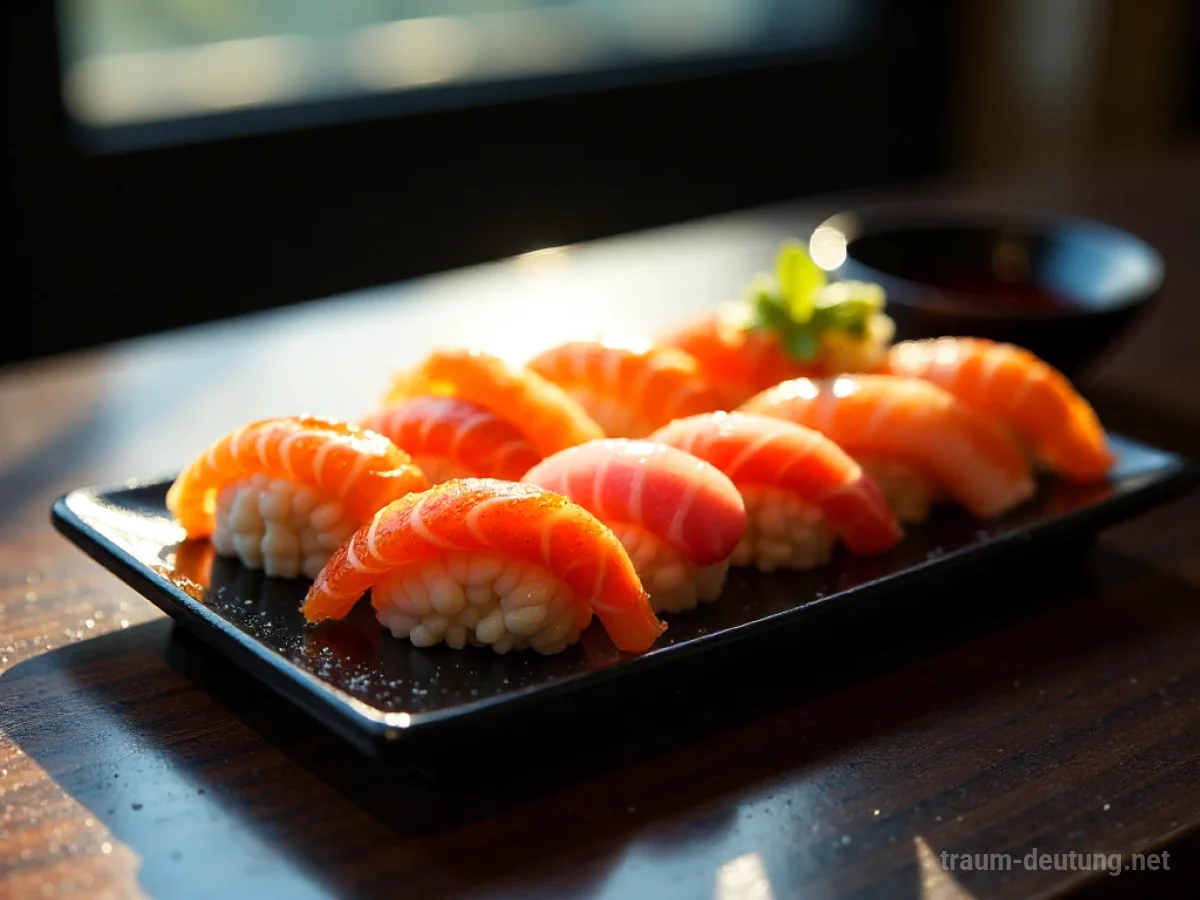 Traumsymbol Sushi: Eine sorgfältig arrangierte Auswahl an Sushi auf einem dunklen Holztisch, beleuchtet von sanftem Sonnenlicht.