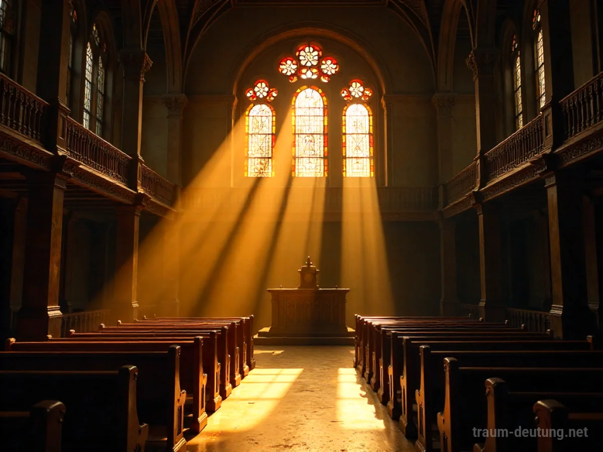 Traumdeutung Synagoge: Das Innere einer alten Synagoge, erleuchtet von goldenem Licht durch Buntglasfenster, mit Holzbänken und einer kunstvoll geschnitzten Bima.