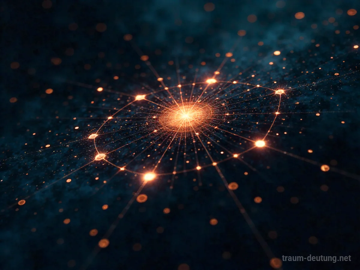 Traumsymbol System: Ein komplexes, leuchtendes Netzwerk aus geometrischen Formen und Linien schwebt in einer tiefen, dunklen Leere, was die Struktur und Ordnung im Traum widerspiegelt.