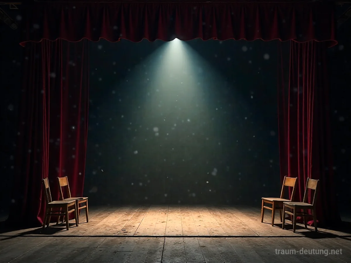 Traumdeutung Szene: Eine verlassene Theaterbühne, beleuchtet von einem einzelnen Scheinwerfer, mit zerrissenen Vorhängen und verstreuten Stühlen.