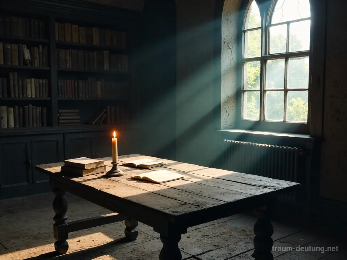 Traumsymbol Tabell: Eine alte Holztabelle steht in einer staubigen Bibliothek, bedeckt mit Papieren und beleuchtet von Kerzenlicht und Mondschein.