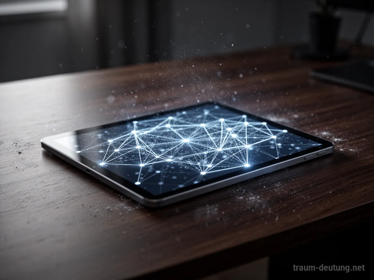 Traumsymbol Tablet: Ein modernes Tablet liegt auf einem dunklen Holztisch, sein Bildschirm zeigt ein leuchtendes, vernetztes Diagramm im diffusen, blauen Licht.