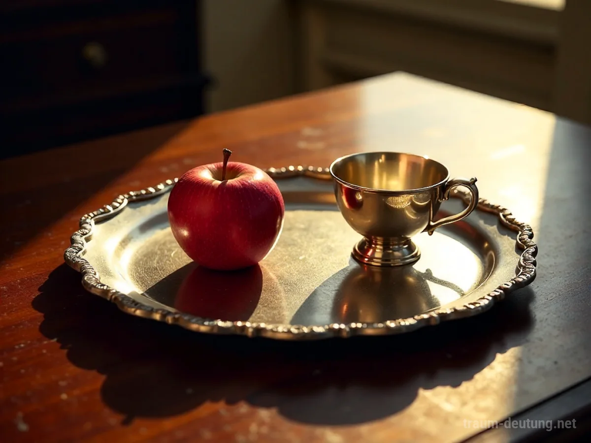 Traumsymbol Tablett: Ein antikes Silbertablett mit einem roten Apfel und einer Teetasse steht auf einem polierten Holztisch im warmen Nachmittagslicht.