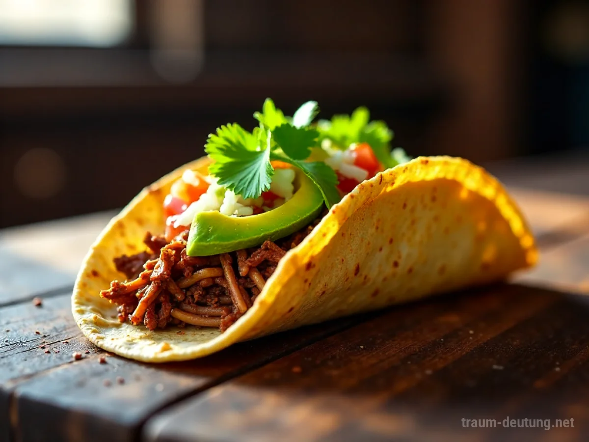 Traumsymbol Taco: Ein köstlich zubereiteter Gourmet-Taco mit Rindfleisch, Pico de Gallo und Avocado liegt auf einem rustikalen Holztisch im sanften Licht eines Fensters.