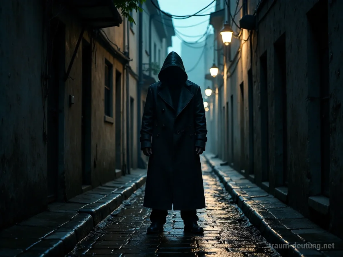 Traumsymbol Täter: Eine bedrohliche, dunkle Gestalt steht in einer schlecht beleuchteten Gasse, deren Gesicht im Schatten verborgen ist, umgeben von nassen Kopfsteinpflastern und flackerndem Licht.
