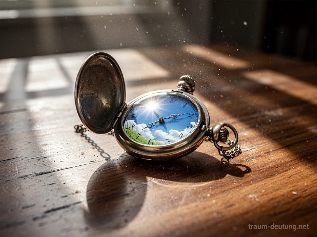 Traumdeutung Tag: Eine antike Taschenuhr mit einer Sonnenszene auf dem Zifferblatt liegt auf einem Holztisch im Sonnenlicht.