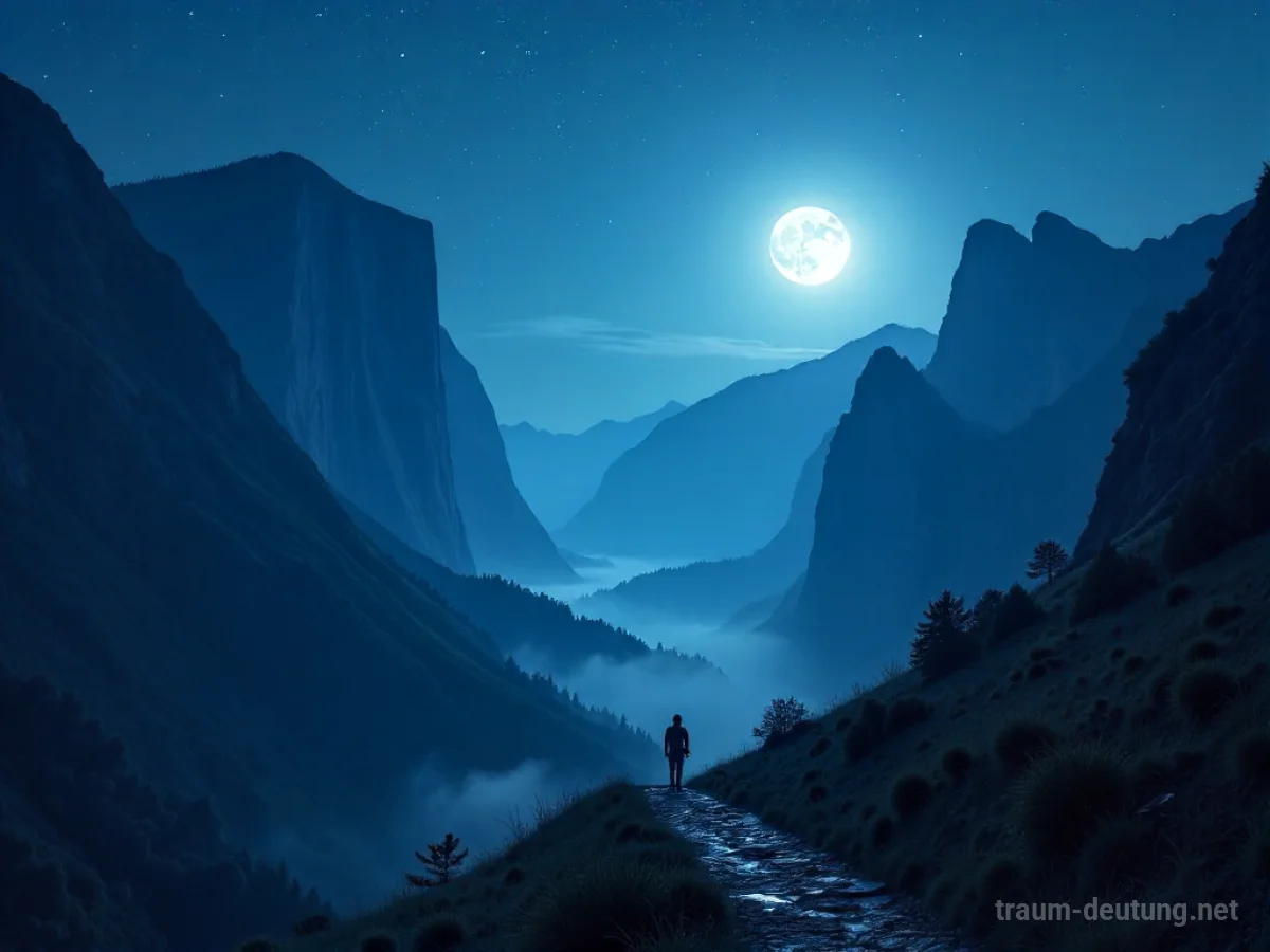 Traumsymbol Tal: Eine tiefe, mondbeschienene Tal mit hohen Bergen und einem schmalen Pfad auf dem Grund, umgeben von mystischem Nebel.