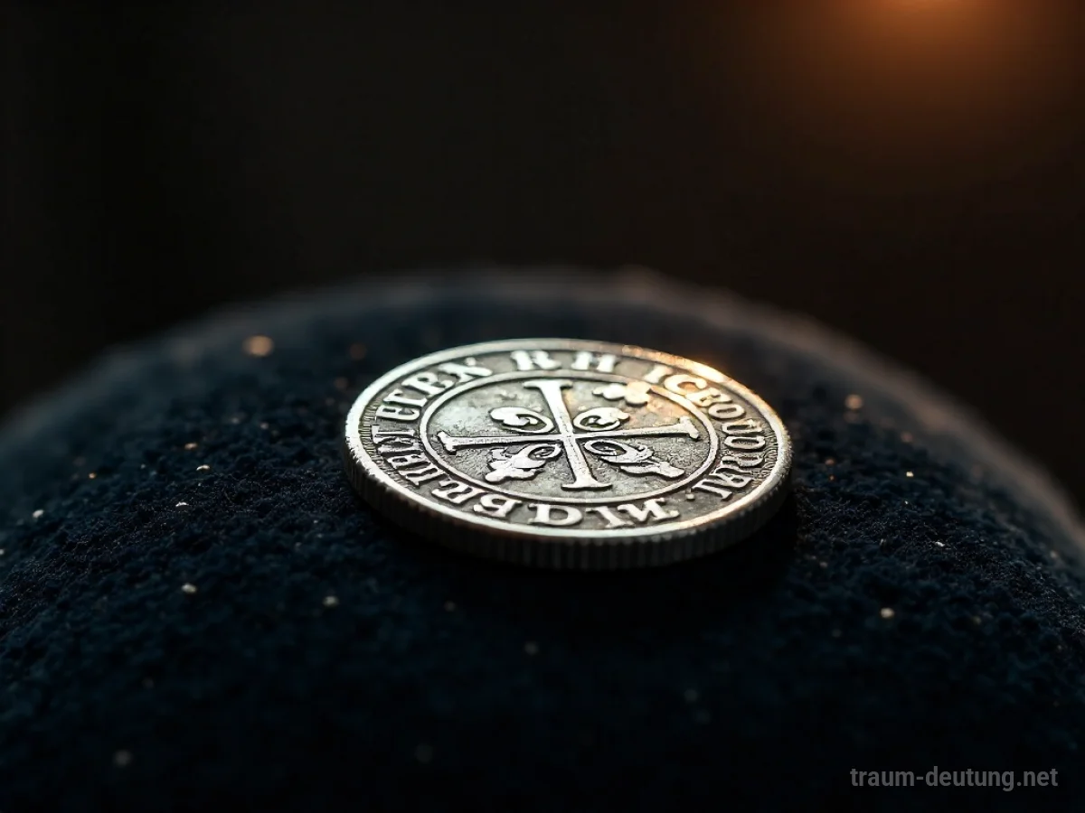 Traumsymbol Taler: Eine alte, silberne Taler-Münze liegt auf einem dunklen Samtkissen, beleuchtet von einem Scheinwerfer.
