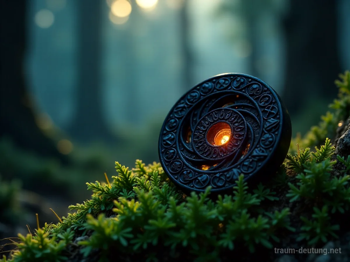 Traumsymbol Talisman: Ein antiker, geschnitzter Obsidian-Talisman liegt auf dunklem Moos, beleuchtet von mystischem Mondlicht, umgeben von schwebenden Lichtpartikeln.