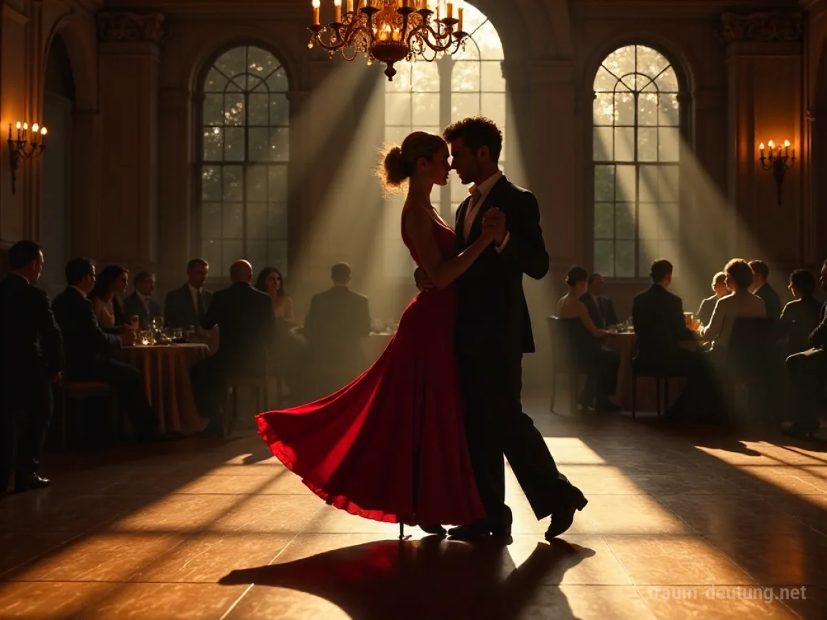 Traumsymbol Tango: Ein Paar tanzt leidenschaftlich Tango in einem schwach beleuchteten Ballsaal, dramatische Schatten und mondbeschienene Fenster im Hintergrund.