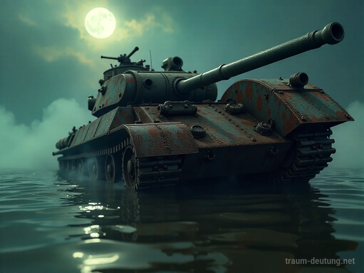 Traumdeutung Tank: Ein verwitterter Militärpanzer ragt aus dunklem, trübem Wasser, beleuchtet von gespenstischem Mondlicht, das bedrohliche Schatten wirft.