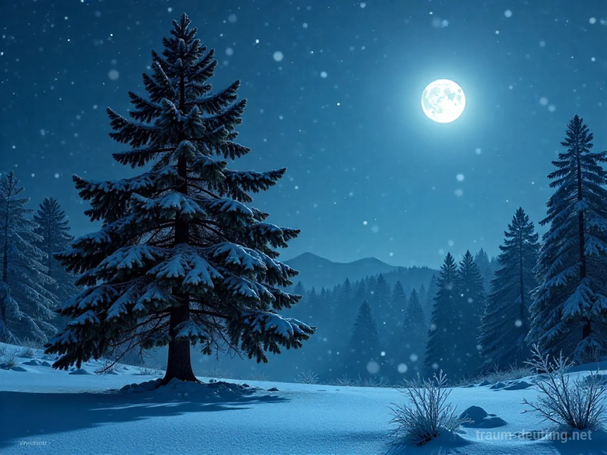 Traumsymbol Tanne: Eine majestätische, alte Tanne steht in einer mondbeschienenen, verschneiten Waldlichtung, umgeben von Stille und sanft fallendem Schnee.