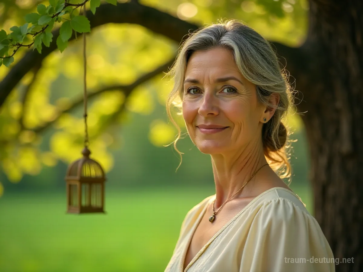 Traumsymbol Tante: Eine freundliche Frau mittleren Alters steht in einem sonnendurchfluteten Garten, umgeben von sanftem Licht und Blättern.