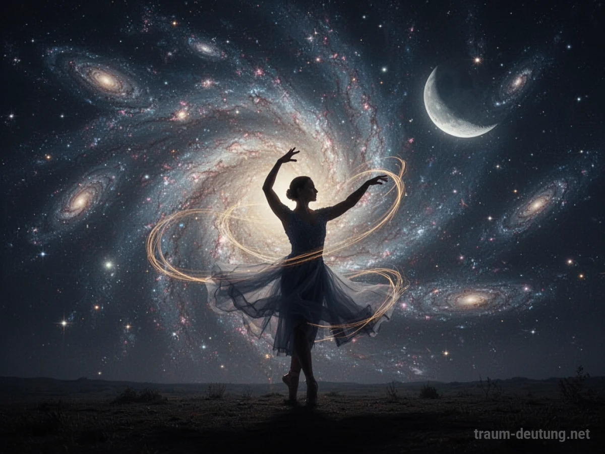 Traumdeutung Tanz: Eine einsame Figur tanzt vor einem kosmischen Nebel mit Sternenlicht und einer Mondsichel, umgeben von einer Atmosphäre tiefen Friedens und grenzenloser Energie.