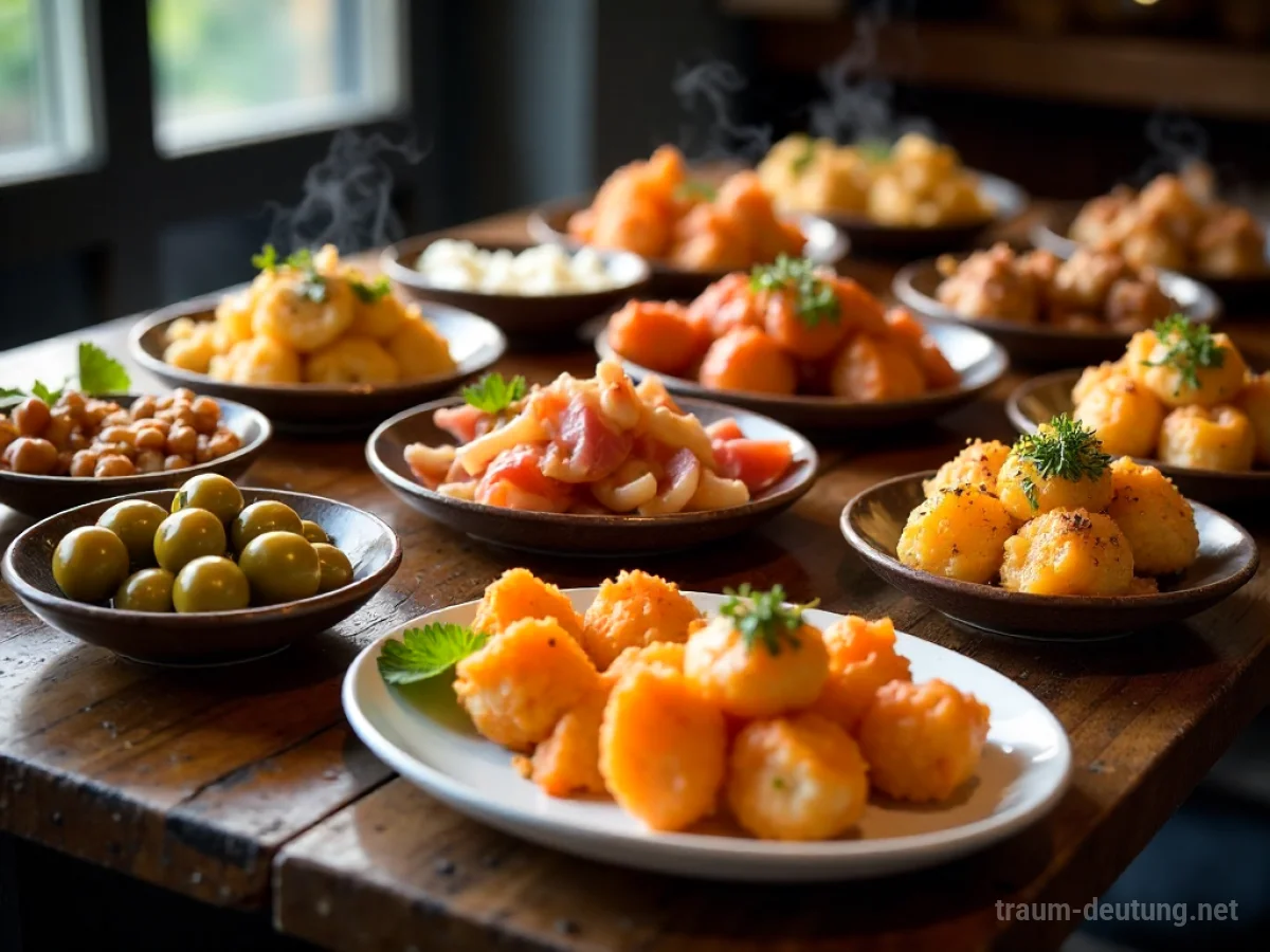 Traumsymbol Tapas: Ein rustikaler Holztisch ist reichlich gedeckt mit bunten spanischen Tapas, darunter Oliven, Schinken, Patatas Bravas und Gambas al Ajillo, beleuchtet von sanftem Fensterlicht.