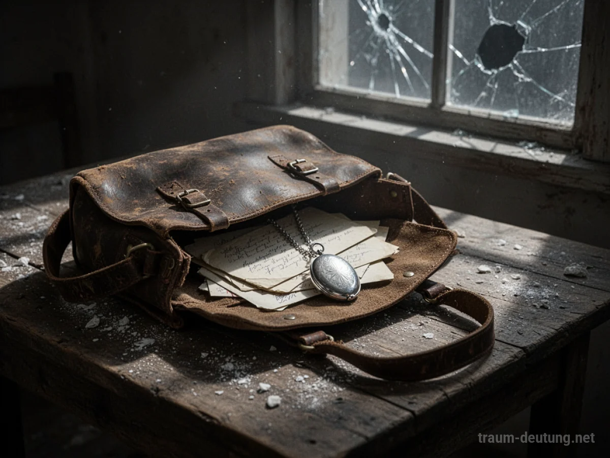 Traumdeutung Tasche: Eine abgenutzte Ledertasche liegt offen auf einem staubigen Holztisch, beleuchtet von Mondlicht, mit alten Briefen und einem Medaillon darin.