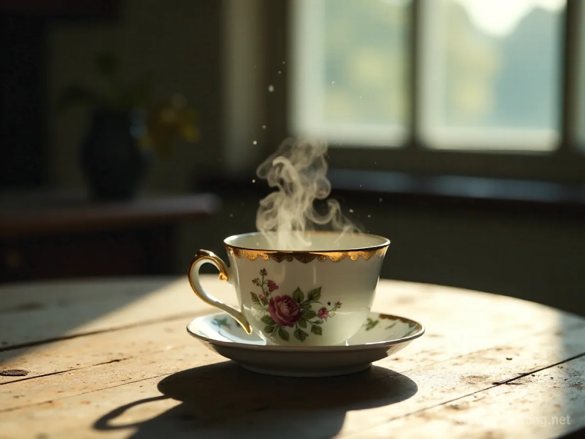 Traumdeutung Tasse: Eine antike Porzellantasse mit zartem Blumenmuster steht auf einem Holztisch, leichter Dampf steigt auf.
