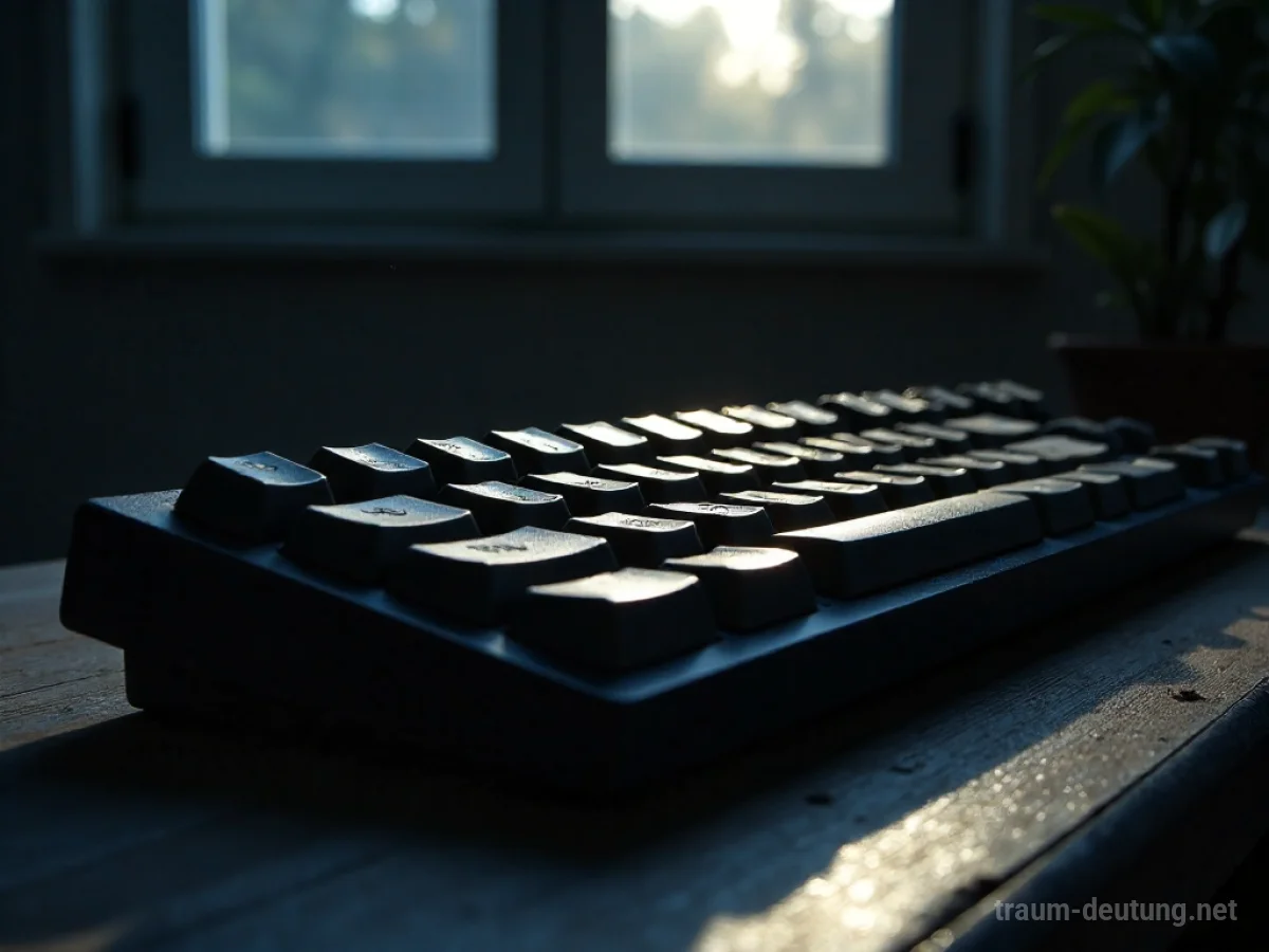 Traumsymbol Tastatur: Eine alte mechanische Tastatur auf einem dunklen Holztisch, beleuchtet von sanftem Mondlicht, das Staubpartikel in der Luft sichtbar macht.