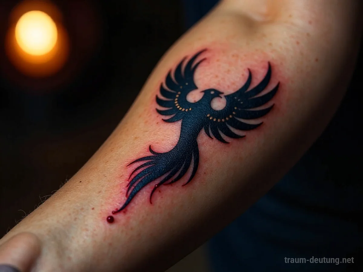 Traumdeutung Tattoo: Ein frisch gestochenes Tattoo eines Phönix auf einem Unterarm, beleuchtet von einem warmen Scheinwerfer in einem schwach beleuchteten Raum.