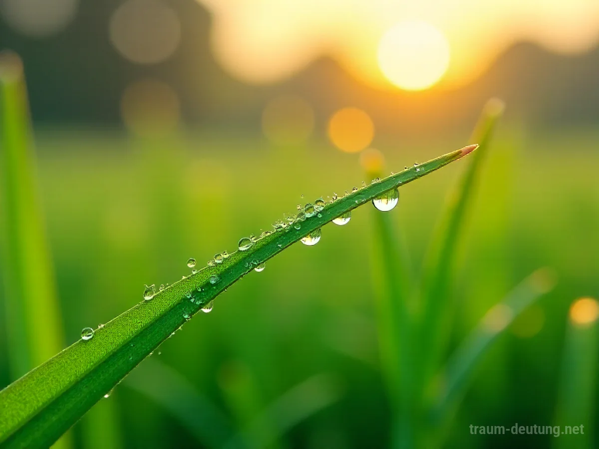 Traumsymbol Tau: Glitzernde Tautropfen auf einem Grashalm im Morgengrauen, mit diffusen Sonnenstrahlen und nebliger Wiese im Hintergrund.
