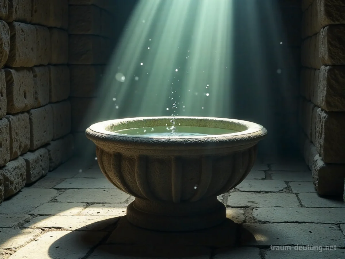 Traumdeutung Taufe: Ein alter steinerner Taufstein in einer dunklen Kammer, beleuchtet von sanftem Licht, das auf das klare Wasser fällt.