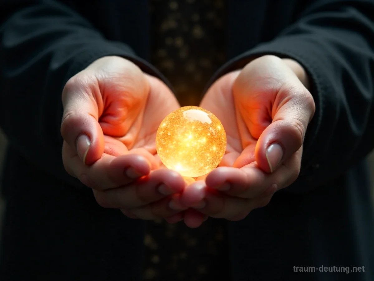 Traumdeutung Tausch: Zwei Hände tauschen einen leuchtenden, ätherischen Orb in dramatischer Beleuchtung vor schwarzem Hintergrund mit kosmischem Staub.