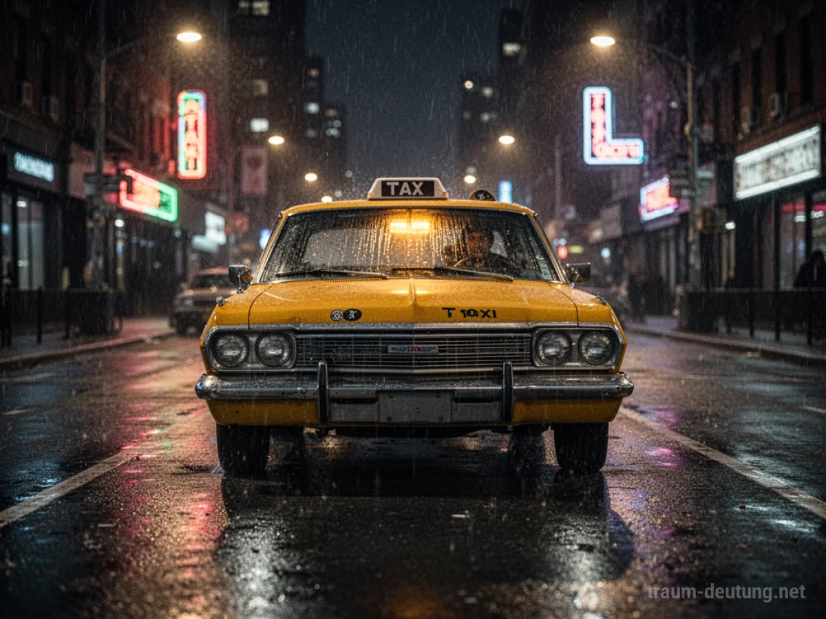 Traumdeutung Taxi: Ein gelbes New Yorker Taxi fährt nachts auf einer regennassen, verlassenen Straße, beleuchtet von Straßenlaternen und entfernten Neonschildern.