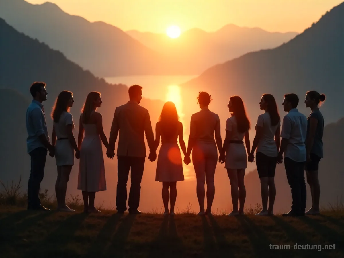 Traumsymbol Team: Eine vielfältige Gruppe von Menschen steht im Kreis, hält Hände, während weiches, ätherisches Licht aus der Mitte ausstrahlt, in einer ruhigen Naturlandschaft bei Sonnenaufgang.